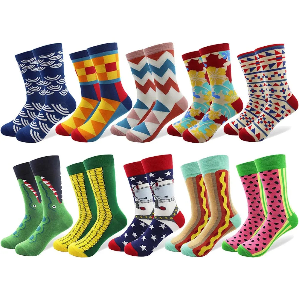 10 Pairs/Lot Men's Funny Colorful Combed Cotton Happy Socks Multi Pattern Animal Stripe Cartoon Dot Novelty Skateboard Art Socks
